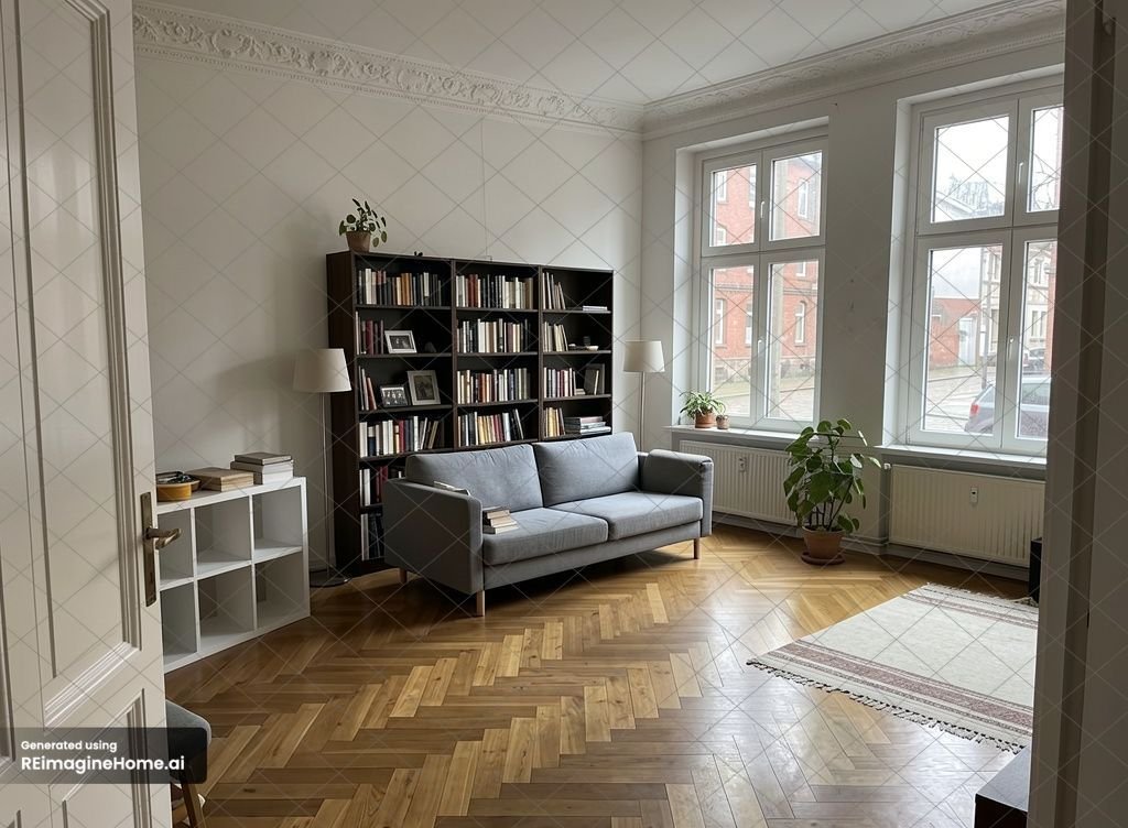 Messy living room cleaned with ReimagineHome while keeping its furniture.