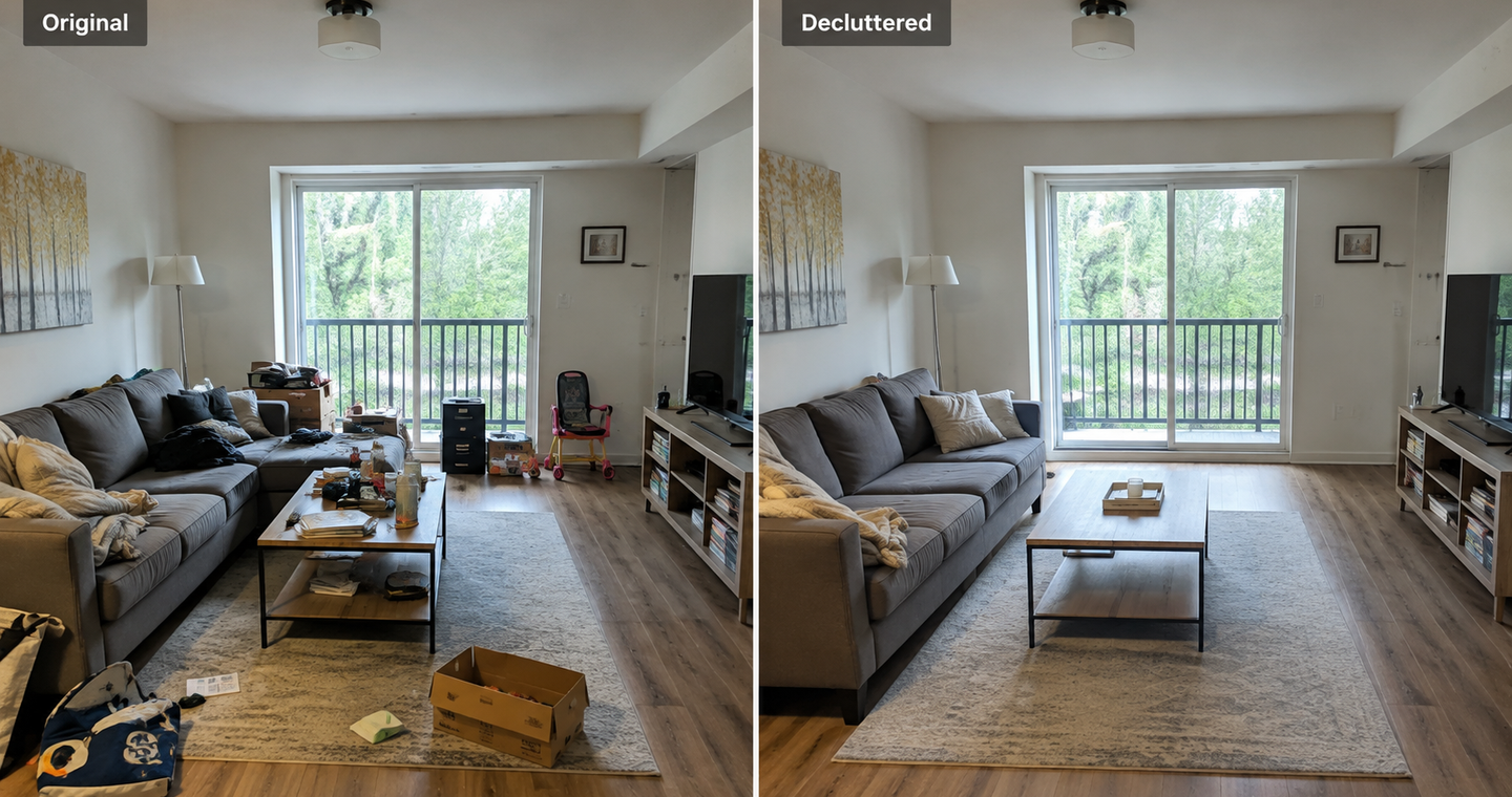 Messy real estate room compared with an AI-decluttered version of the same property.