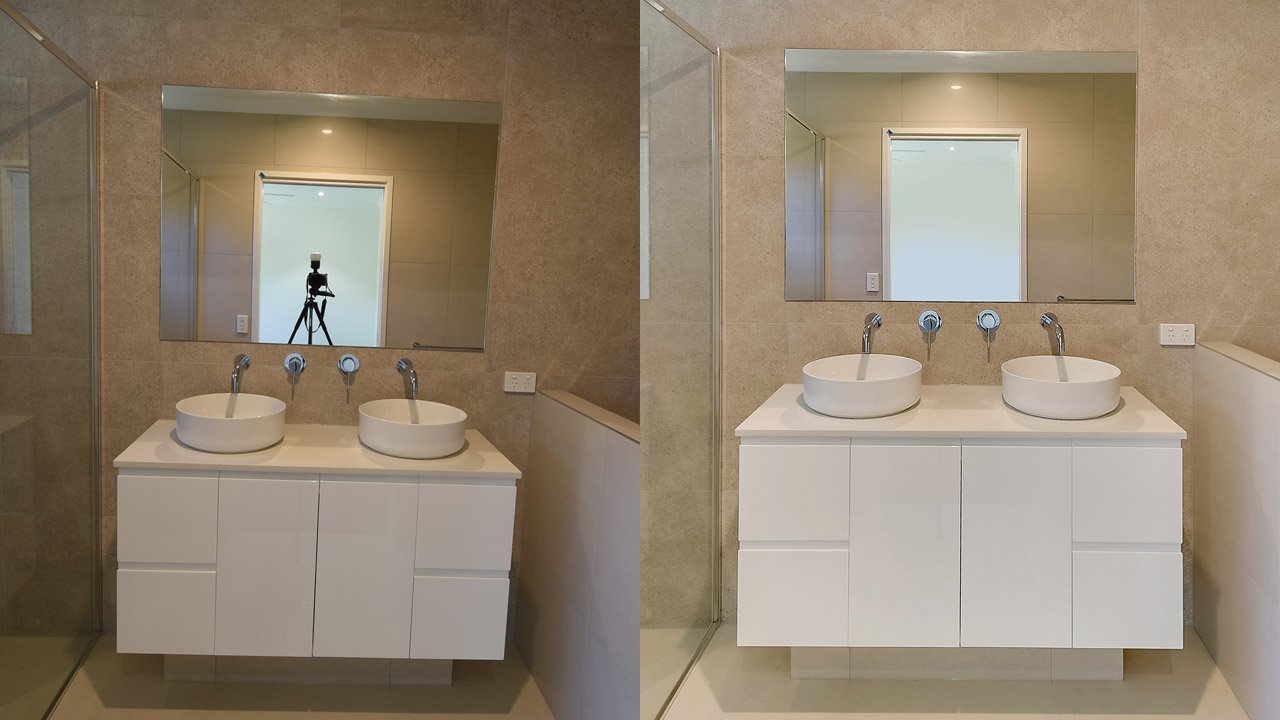 Original bathroom mirror photo with tripod reflection shown beside the BoxBrownie cleaned result.
