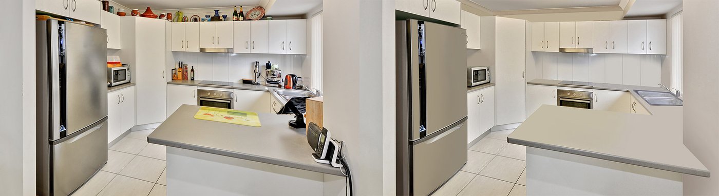 Original cluttered kitchen shown beside the BoxBrownie virtual-cleaning result.