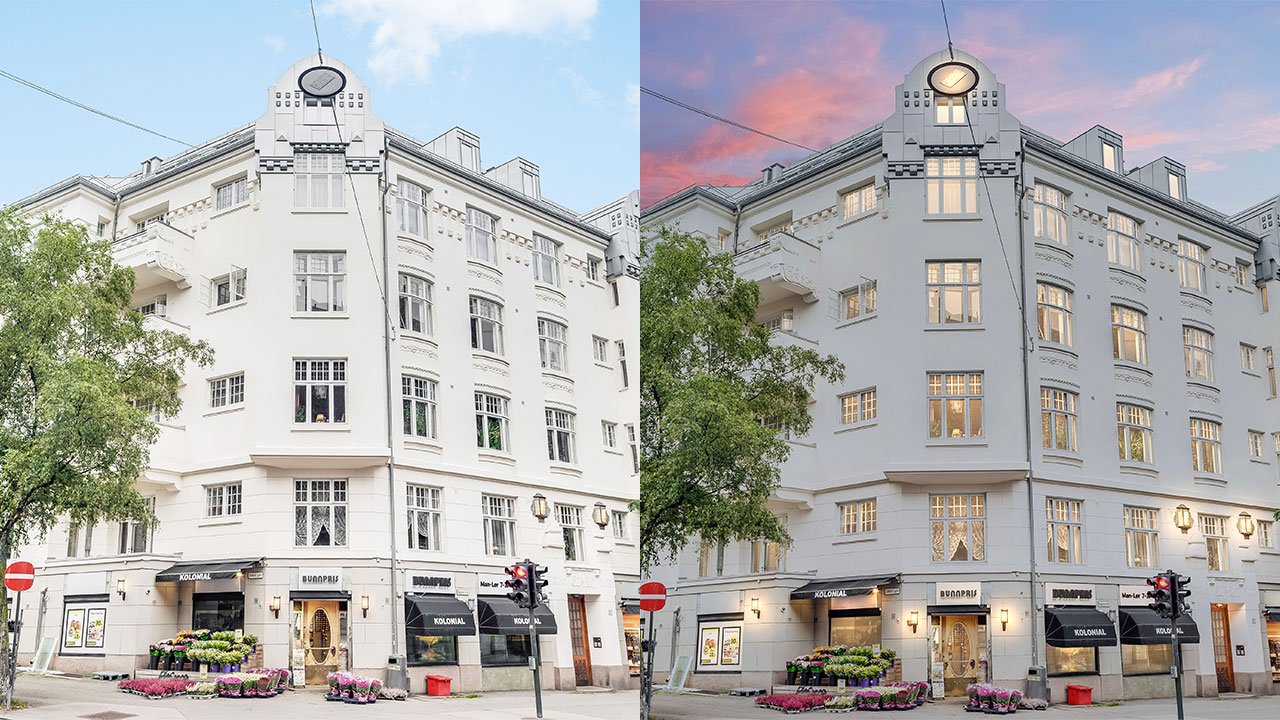 Original daytime apartment building shown beside the BoxBrownie day-to-dusk result.