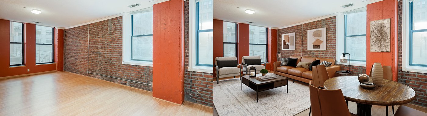 Original empty brick loft shown beside the BoxBrownie virtual-staging result.