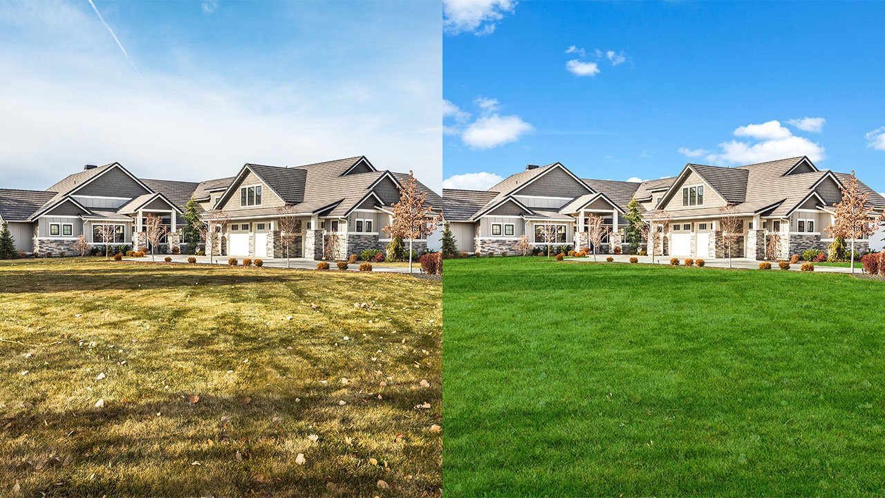 Original exterior photo with patchy lawn shown beside the BoxBrownie lawn repair result.