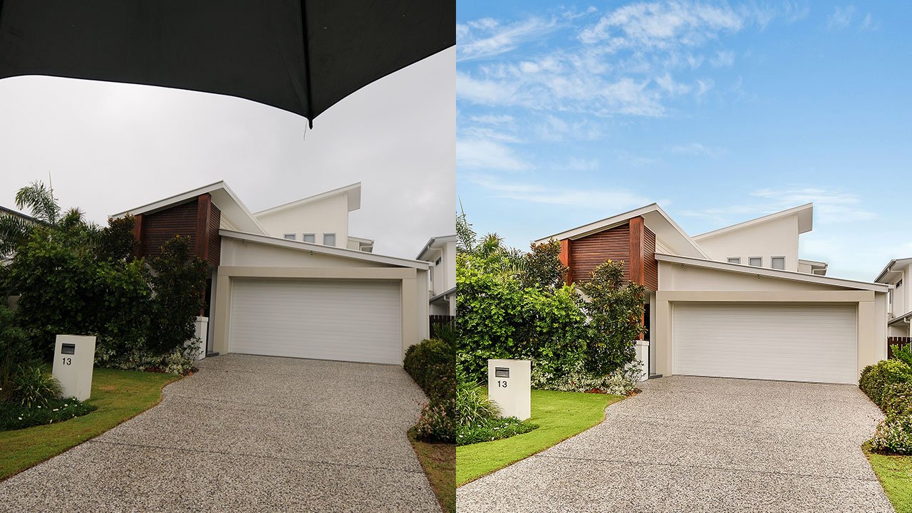 Original rainy exterior photo shown beside the BoxBrownie sky replacement result.