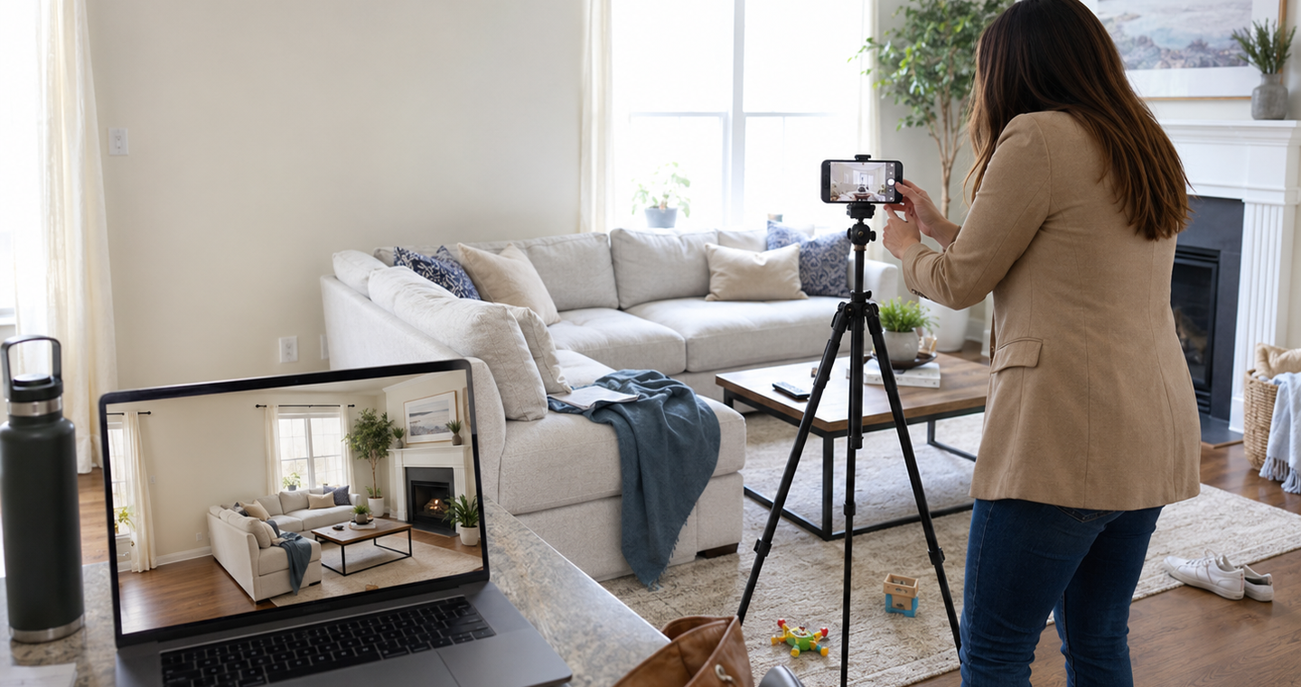 Real estate agent photographing a lived-in living room with an iPhone before AI editing.