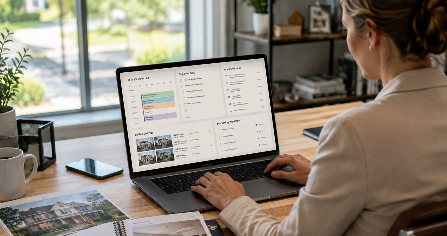 Real estate agent using an AI assistant to organize property, email, calendar, and marketing tasks.