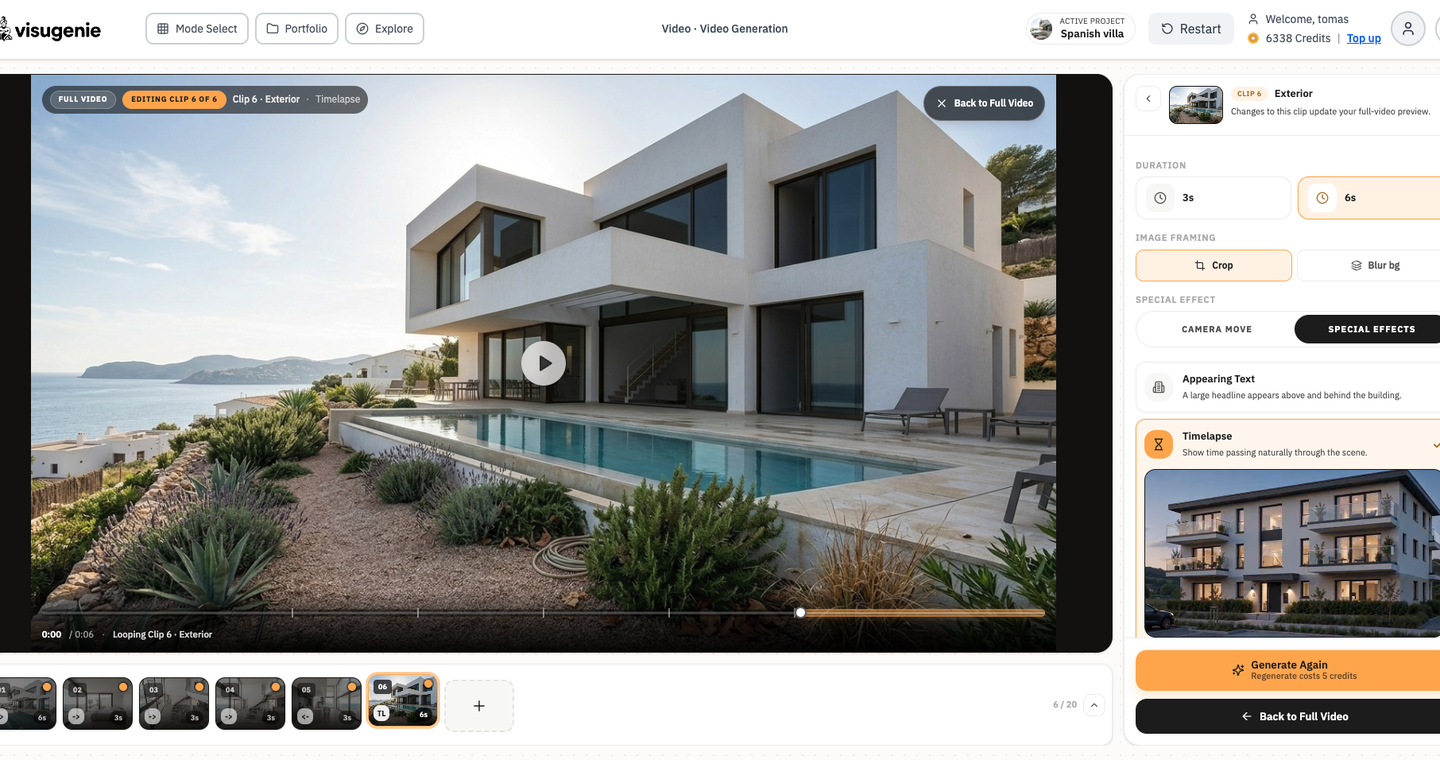 Real estate listing photos being assembled into an automated property video tour on a computer.