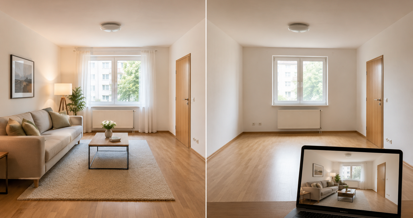 Srovnání klasického fyzického home stagingu a virtuálního stagingu stejného obývacího pokoje.