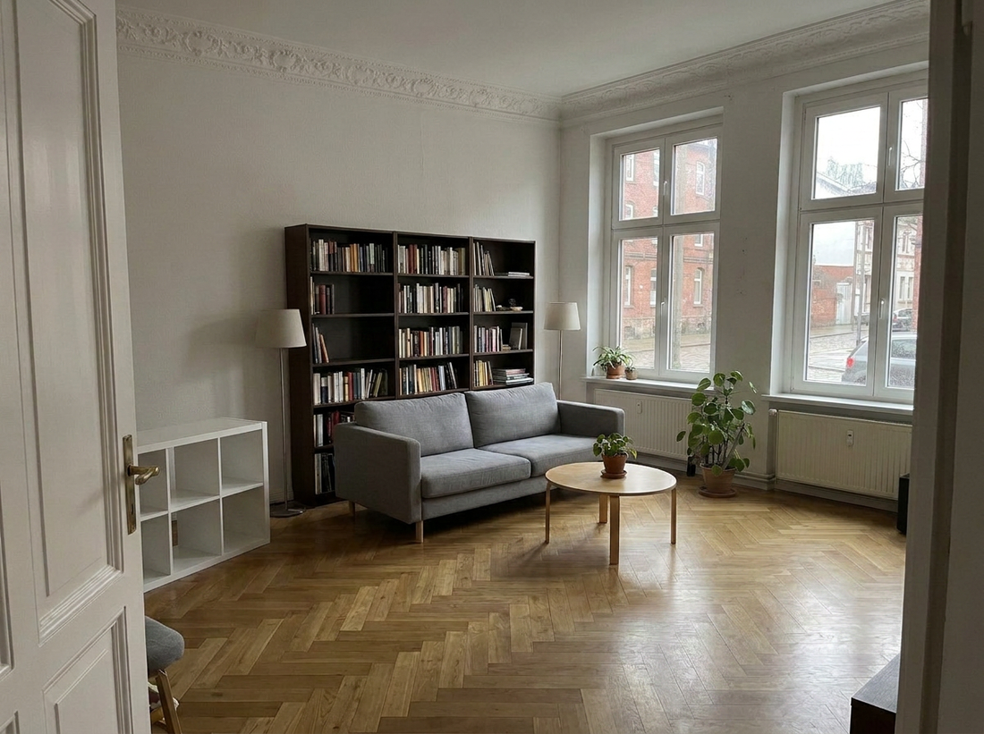 The same bedroom after AI decluttering, with personal belongings removed and bedding tidied.